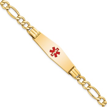 14K Medical Semi-Solid Chain/Solid Plate Soft Diamond Shape 40x12mm Centered Red Enamel Figaro Link 8 inch ID Bracelet