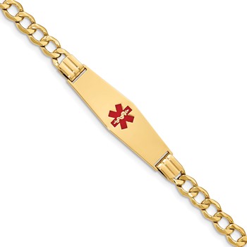 14K Semi-solid Medical Soft Diamond Shape Red Enamel Curb Link ID Bracelet