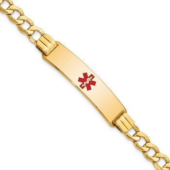14K Medical Semi-Solid Chain/Solid Plate 40x10mm Centered Red Enamel Curb Link 8 inch ID Bracelet