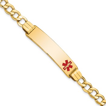 14K Medical Semi-solid Chain/Solid Plate 40x10mm Off-Center Red Enamel Curb Link 8 inch ID Bracelet