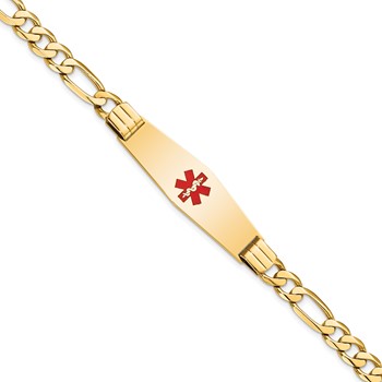 14K Medical Solid Chain/Solid Plate Soft Diamond Shape 40x12mm Centered Red Enamel Flat Figaro Link 7 inch ID Bracelet