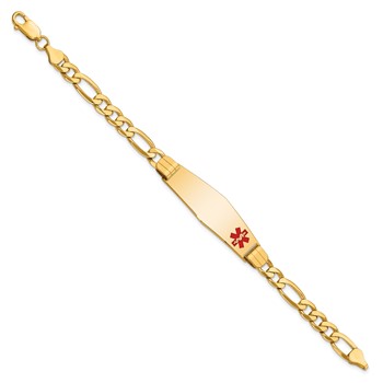 14K Medical Solid Chain/Solid Plate Soft Diamond Shape 39x12mm Off-Center Red Enamel Flat Figaro Link 7 inch ID Bracelet — alternate view