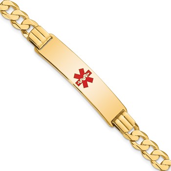 14K Medical Solid Chain/Solid Plate 40x10mm Centered Red Enamel Curb Link 8 inch ID Bracelet