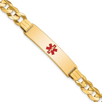 14K Medical Solid Chain/Solid Plate 40x10mm Centered Red Enamel Curb Link 8 inch ID Bracelet