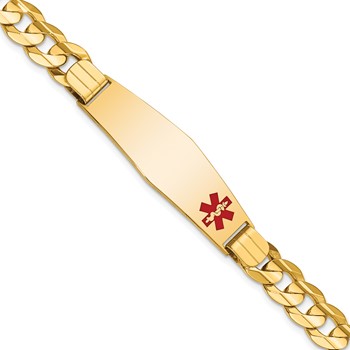 14K Medical Solid Chain/Solid Plate Soft Diamond Shape 39x12mm Off-Center Red Enamel Curb Link 8 inch ID Bracelet