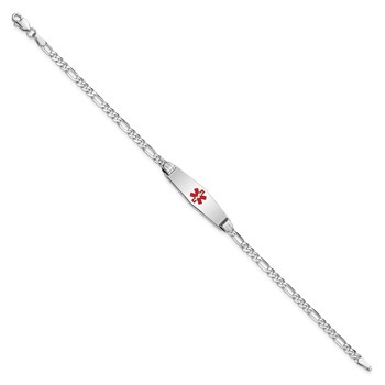 14K White Gold Medical Solid Chain/Solid Plate 24x7mm Soft Diamond Shape Centered Red Enamel Figaro Link 7 inch ID Bracelet — alternate view