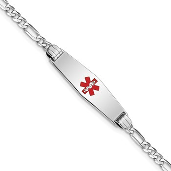 14K White Gold Medical Solid Chain/Solid Plate 24x7mm Soft Diamond Shape Centered Red Enamel Figaro Link 7 inch ID Bracelet