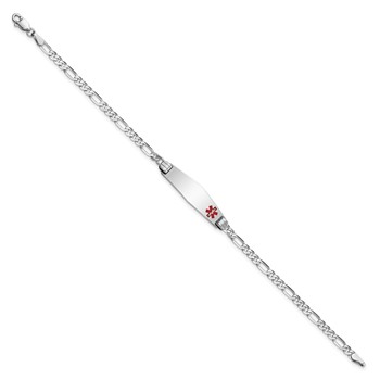 14K White Gold Medical Solid Chain/Solid Plate 26x7mm Soft Diamond Shape Off-Center Red Enamel Figaro Link 7 inch ID Bracelet — alternate view