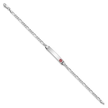 14K White Gold Medical Solid Chain/Solid Plate 26x5mm Off-Center Red Enamel Figaro Link 7 inch ID Bracelet — alternate view