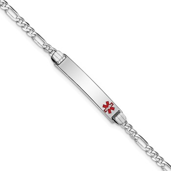 14K White Gold Medical Solid Chain/Solid Plate 26x5mm Off-Center Red Enamel Figaro Link 7 inch ID Bracelet