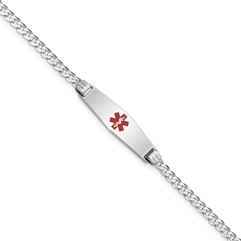 14K White Gold Medical Solid Chain/Solid Plate 24x7mm Soft Diamond Shape Centered Red Enamel Flat Curb Link 8 inch ID Bracelet