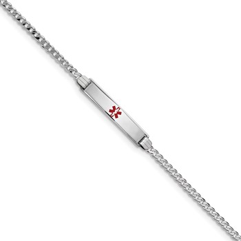 14K White Gold Medical Red Enamel Flat Curb Link ID Bracelet