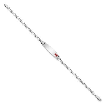 14K White Gold Medical Solid Chain/Solid Plate 26x7mm Soft Diamond Shape Off-Center Red Enamel Flat Curb Link 8 inch ID Bracelet — alternate view