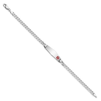 14K White Gold Medical Solid Chain/Solid Plate 26x7mm Soft Diamond Shape Off-Center Red Enamel Flat Curb Link 8 inch ID Bracelet — alternate view