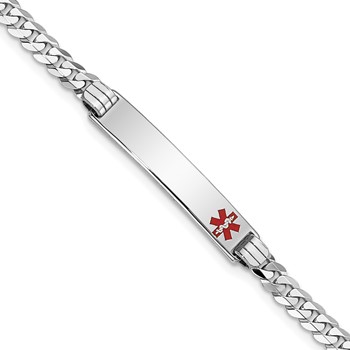 14K White Gold Medical Solid Chain/Solid Plate 26x5mm Off-Center Red Enamel Flat Curb Link 8 inch ID Bracelet