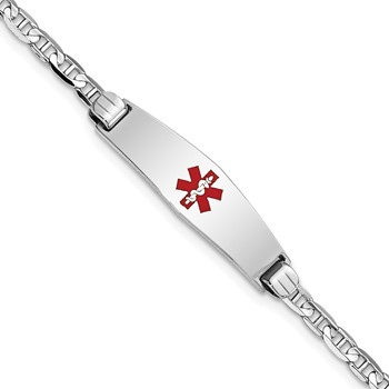 14K White Gold Medical Solid Chain/Solid Plate 24x7mm Soft Diamond Shape Centered Red Enamel Anchor Link 8 inch ID Bracelet