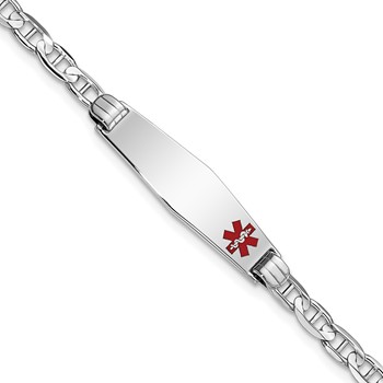 14K White Gold Medical Solid Chain/Solid Plate 26x7mm Soft Diamond Shape Off-Center Red Enamel Anchor Link 8 inch ID Bracelet