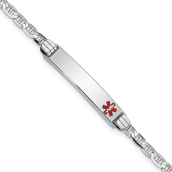14K White Gold Medical Solid Chain/Solid Plate 26x5mm Off-Center Red Enamel Anchor Link 8 inch ID Bracelet