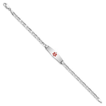 14K White Gold Medical Solid Chain/Solid Plate 24x7mm Soft Diamond Shape Centered Red Enamel Anchor Link 7 inch ID Bracelet — alternate view