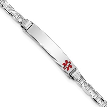 14K White Gold Medical Solid Chain/Solid Plate 26x5mm Off-Center Red Enamel Anchor Link 7 inch ID Bracelet