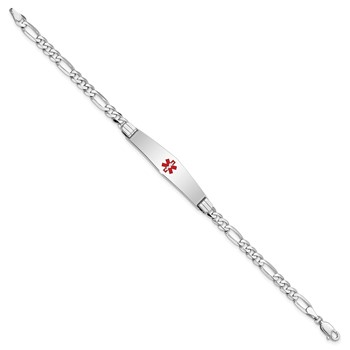 14K White Gold Medical Solid Chain/Solid Plate Soft Diamond Shape 36x9mm Centered Red Enamel Figaro Link 7 inch ID Bracelet — alternate view