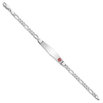 14K White Gold Medical Solid Chain/Solid Plate Soft Diamond Shape 37x9mm Off-Center Red Enamel Figaro Link 7 inch ID Bracelet — alternate view