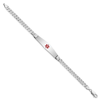 14K White Gold Medical Solid Chain/Solid Plate Soft Diamond Shape 36x9mm Centered Red Enamel Flat Curb Link 8 inch ID Bracelet — alternate view