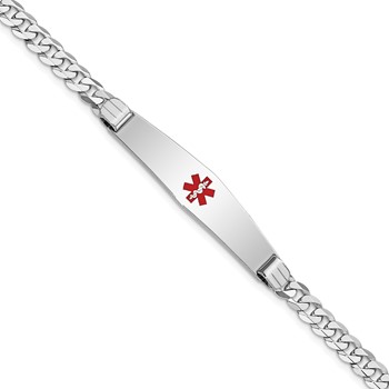 14K White Gold Medical Solid Chain/Solid Plate Soft Diamond Shape 36x9mm Centered Red Enamel Flat Curb Link 8 inch ID Bracelet