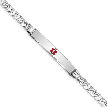 14K White Gold Medical Solid Chain/Solid Plate 37x6mm Centered Red Enamel Flat Curb Link 8 inch ID Bracelet