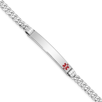 14K White Gold Medical Solid Chain/Solid Plate 37x6mm Off-Center Red Enamel Flat Curb Link 8 inch ID Bracelet