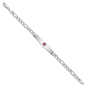 14K White Gold Medical Semi-Solid Chain/Solid Plate Soft Diamond Shape 37x9mm Centered Red Enamel Figaro Link 7 inch ID Bracelet — alternate view