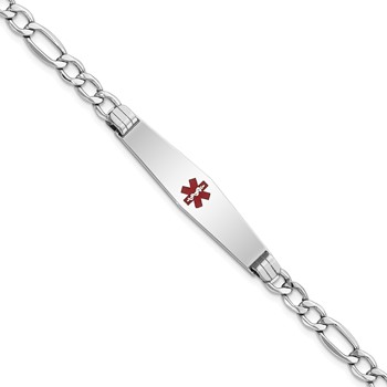 14K White Gold Medical Semi-Solid Chain/Solid Plate Soft Diamond Shape 37x9mm Centered Red Enamel Figaro Link 7 inch ID Bracelet