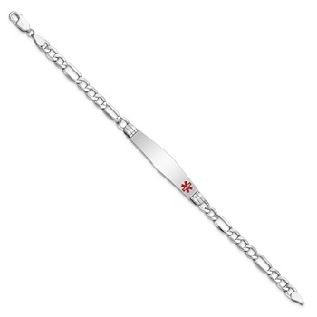 14K White Gold Medical Semi-Solid Chain/Solid Plate Soft Diamond Shape 37x9mm Off-Center Red Enamel Figaro Link 7 inch ID Bracelet — alternate view