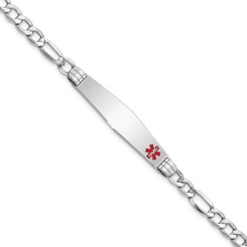 14K White Gold Medical Semi-Solid Chain/Solid Plate Soft Diamond Shape 37x9mm Off-Center Red Enamel Figaro Link 7 inch ID Bracelet