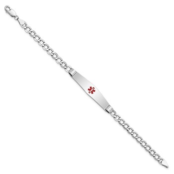 14K White Gold Medical Semi-Solid Chain/Solid Plate Soft Diamond Shape 36x9mm Centered Red Enamel Curb Link 7 inch ID Bracelet — alternate view