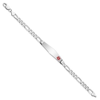 14K White Gold Medical Solid Chain/Solid Plate Soft Diamond Shape 38x9mm Off-Center Red Enamel Figaro Link 7 inch ID Bracelet — alternate view