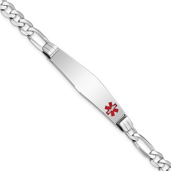 14K White Gold Medical Solid Chain/Solid Plate Soft Diamond Shape 38x9mm Off-Center Red Enamel Figaro Link 7 inch ID Bracelet