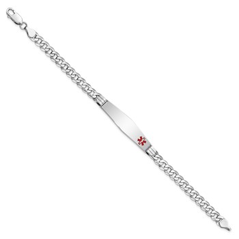 14K White Gold Medical Solid Chain/Solid Plate Soft Diamond Shape 38x9mm Off-Center Red Enamel Flat Curb Link 8 inch ID Bracelet — alternate view