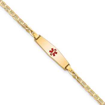 14k Medical Solid Chain/Solid Plate 20x5mm Soft Diamond Shape Centered Red Enamel Flat Anchor Link 7 inch ID Bracelet