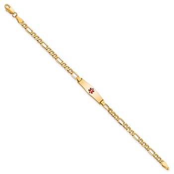 14k Medical Semi-Solid Chain/Solid Plate 20x5mm Soft Diamond Shape Centered Red Enamel Figaro Link 6 inch Baby/Child ID Bracelet — alternate view