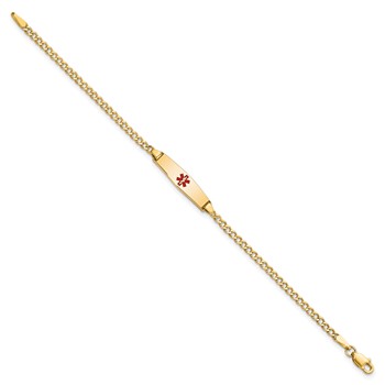 14k Medical Semi-Solid Chain/Solid Plate 20x5mm Soft Diamond Shape Centered Red Enamel Cuban Link 6 inch Baby/Child ID Bracelet — alternate view