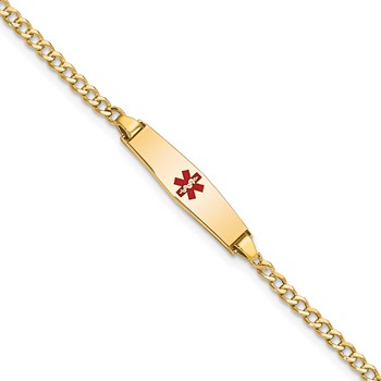 14k Medical Semi-Solid Chain/Solid Plate 20x5mm Soft Diamond Shape Centered Red Enamel Cuban Link 6 inch Baby/Child ID Bracelet