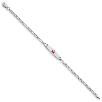 14k White Gold Medical Semi-Solid Chain/Solid Plate 20x5mm Soft Diamond Shape Centered Red Enamel Figaro Link 6 inch Baby/Child ID Bracelet — alternate view
