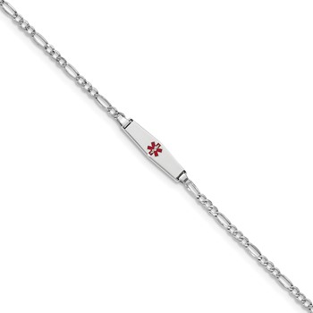 14k White Gold Medical Semi-Solid Chain/Solid Plate 20x5mm Soft Diamond Shape Centered Red Enamel Figaro Link 6 inch Baby/Child ID Bracelet