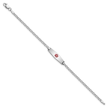 14k White Gold Medical Semi-Solid Chain/Solid Plate 20x5mm Soft Diamond Shape Centered Red Enamel Cuban Link 6 inch Baby/Child ID Bracelet — alternate view