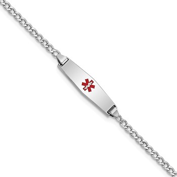 14k White Gold Medical Semi-Solid Chain/Solid Plate 20x5mm Soft Diamond Shape Centered Red Enamel Cuban Link 6 inch Baby/Child ID Bracelet
