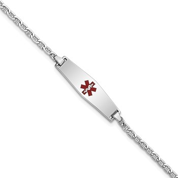 14k White Gold Medical Semi-Solid Chain/Solid Plate 25x7mm Soft Diamond Shape Centered Red Enamel Anchor Link 7 inch ID Bracelet