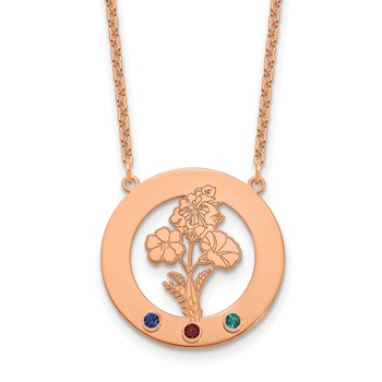 SS/Rose-plated Circle w/3 Birth Flower and Birthstone Necklace