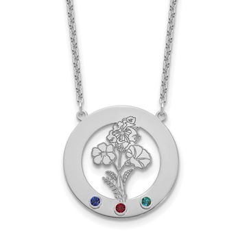 SS/Rhod-plated Circle w/3 Birth Flower and Birthstone Necklace