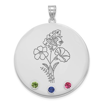 14k White Gold Circle w/3 Birth Flower and Birthstone Pendant